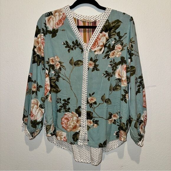 Soft Surroundings Montage Small Teal Floral Mixed Media Buttoned Shirt - Picture 2 of 4